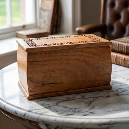 ADULT / XL - Acacia Wood "Arc" Urn with CNC Floral Garland Border