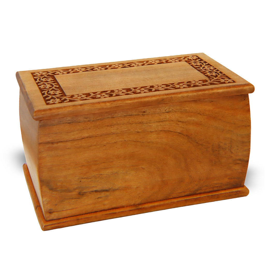 ADULT / XL - Acacia Wood "Arc" Urn with CNC Floral Garland Border