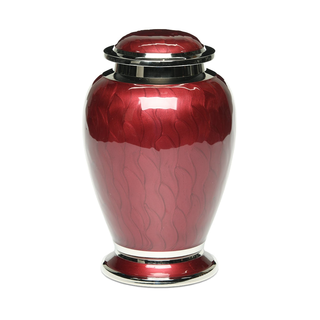 ADULT - Brass Urn -2571- Gleaming Enamel with Nickel Banding Wine red