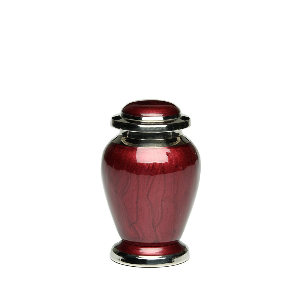 KEEPSAKE - Brass Urn -2571- Gleaming Enamel with Nickel Banding Wine red