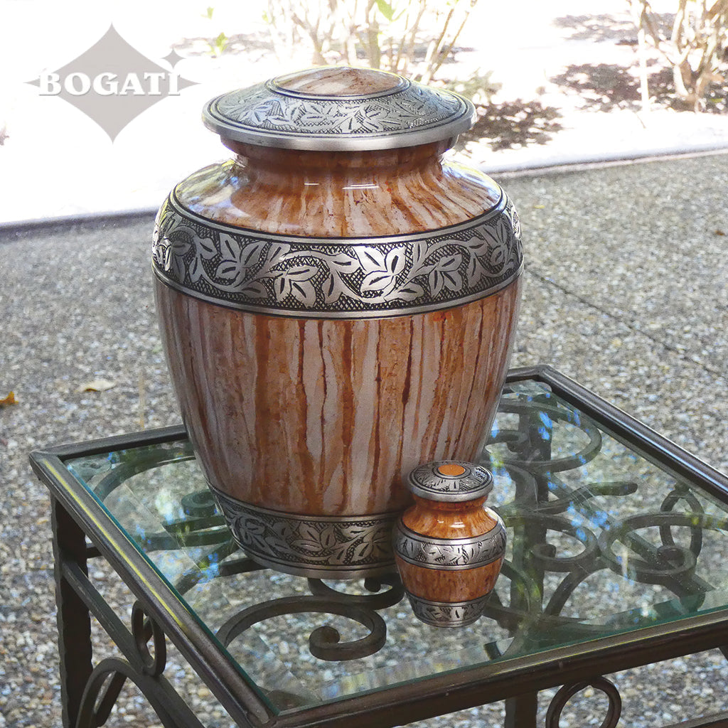 ADULT -Original Alloy Urn -3251– Washed Brown & White - Leaves and Vines