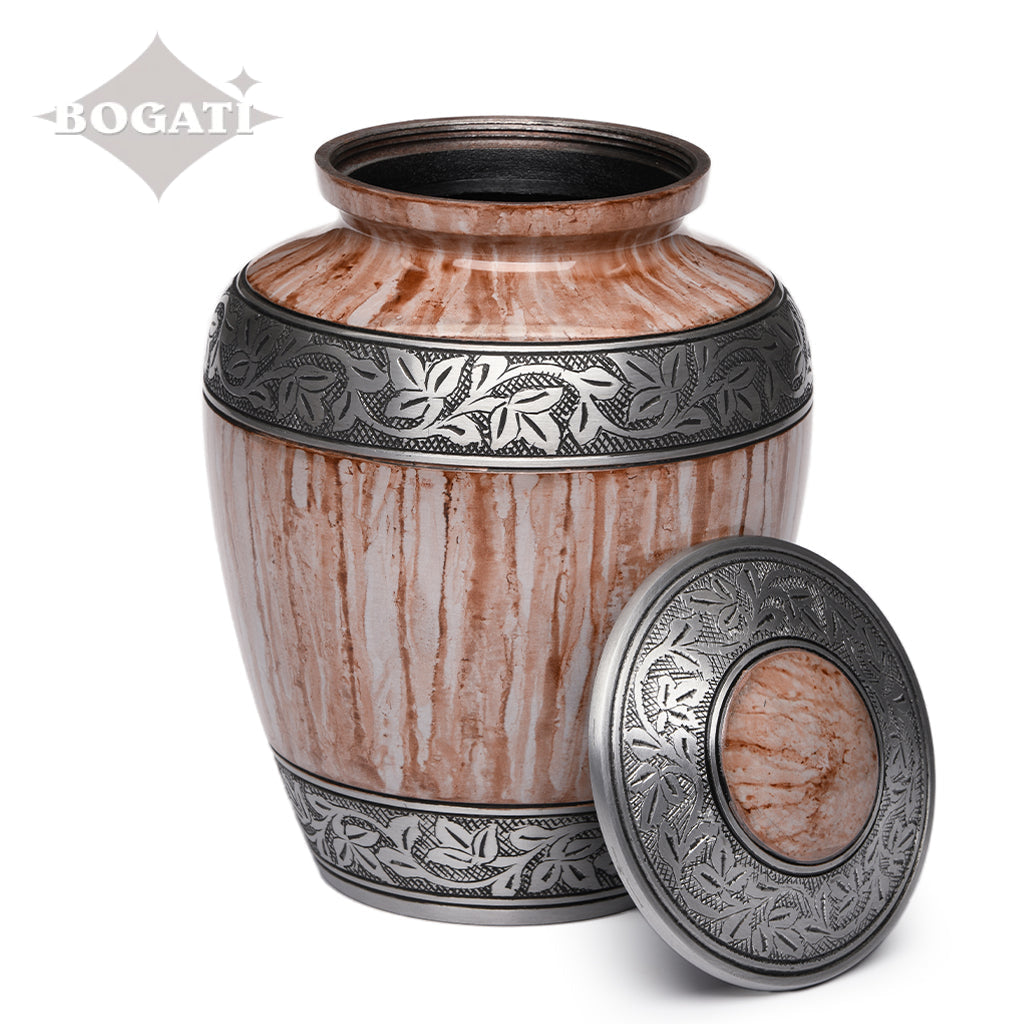 ADULT -Original Alloy Urn -3251– Washed Brown & White - Leaves and Vines