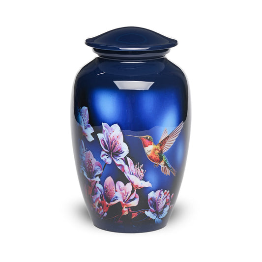 ADULT - Alloy Urn -3350 - Dark Blue Floral Nature Urns Hummingbird