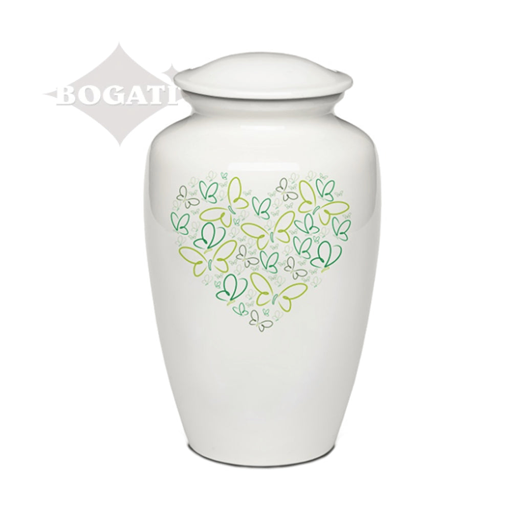 ADULT - Powder Coated Alloy Urn -4123- Heart with Butterflies Green