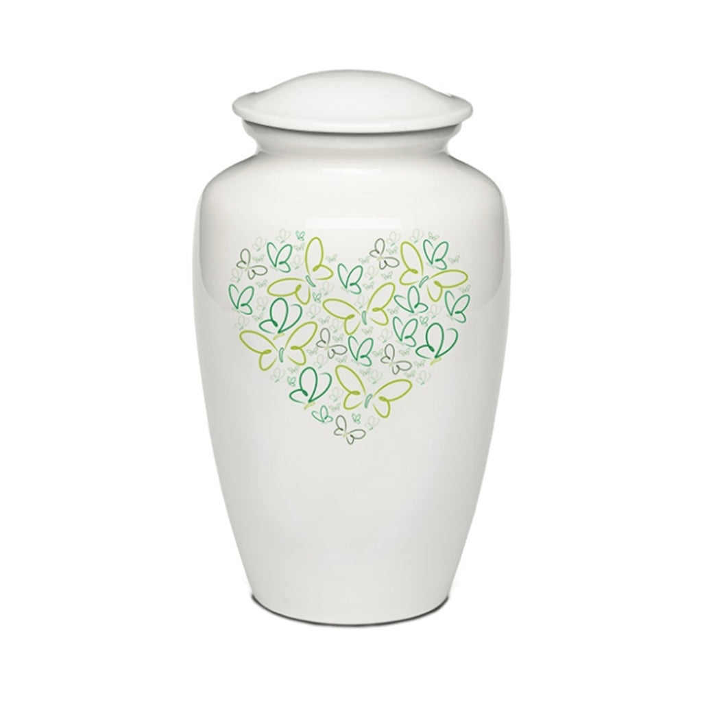 ADULT - Powder Coated Alloy Urn -4123- Heart with Butterflies Green