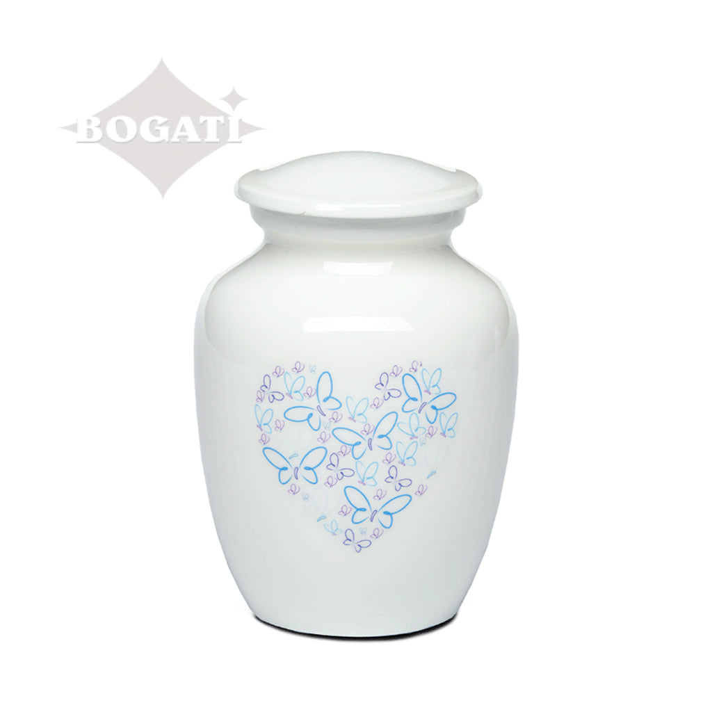 SMALL - Powder Coated Alloy Urn -4123- Heart with Butterflies Blue