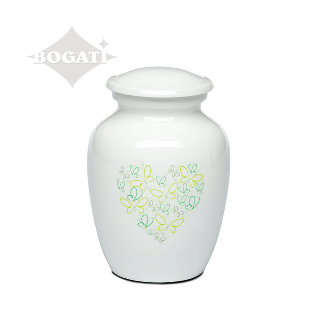 SMALL - Powder Coated Alloy Urn -4123- Heart with Butterflies Green