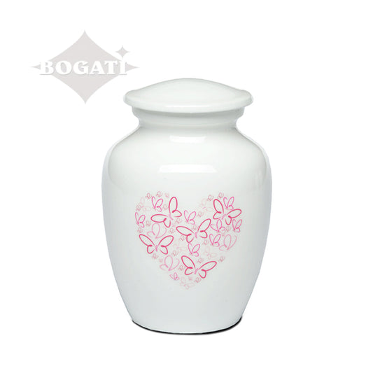 SMALL - Powder Coated Alloy Urn -4123- Heart with Butterflies Pink