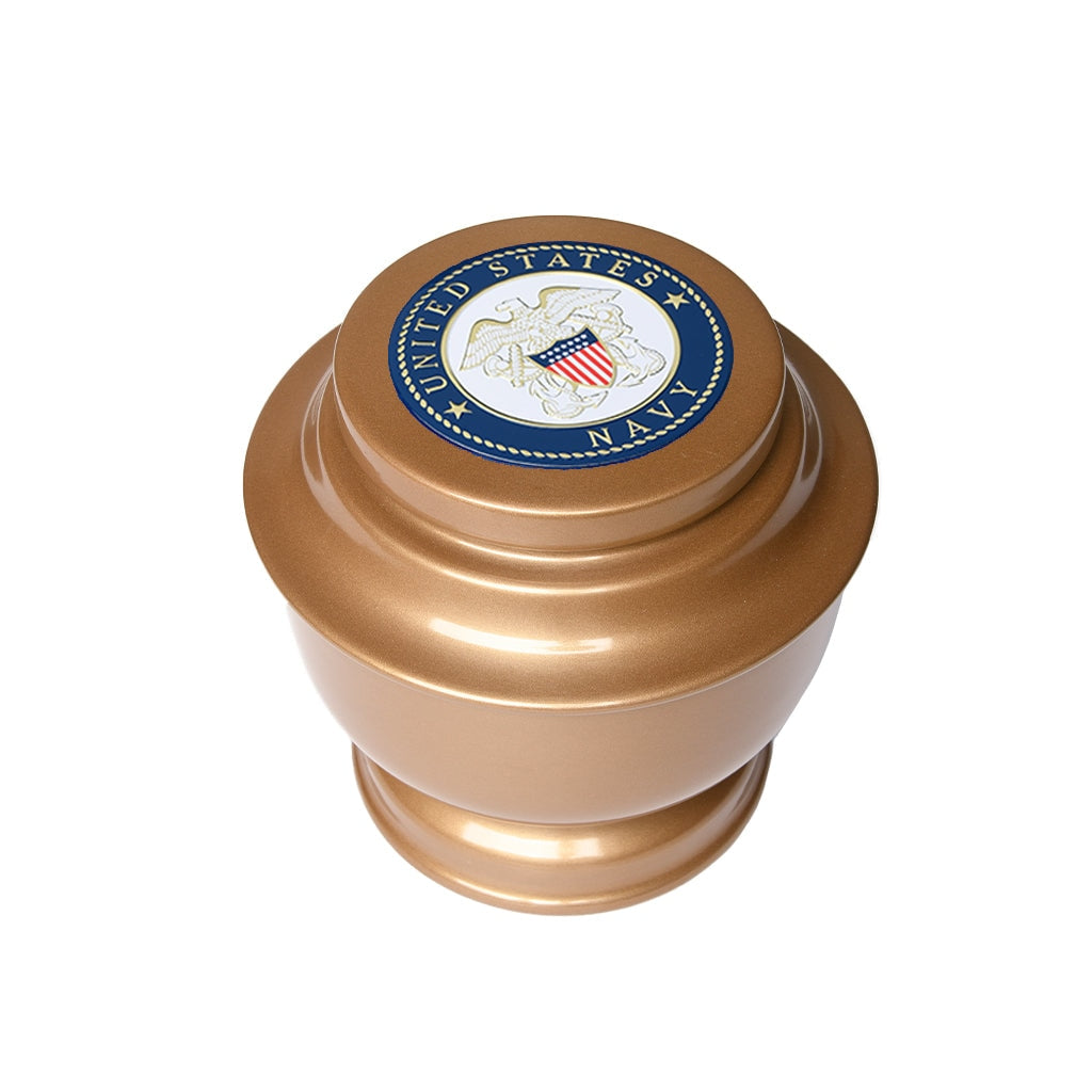 ADULT - Simple Alloy Urn -5-5050- Gold with Military Emblem Navy