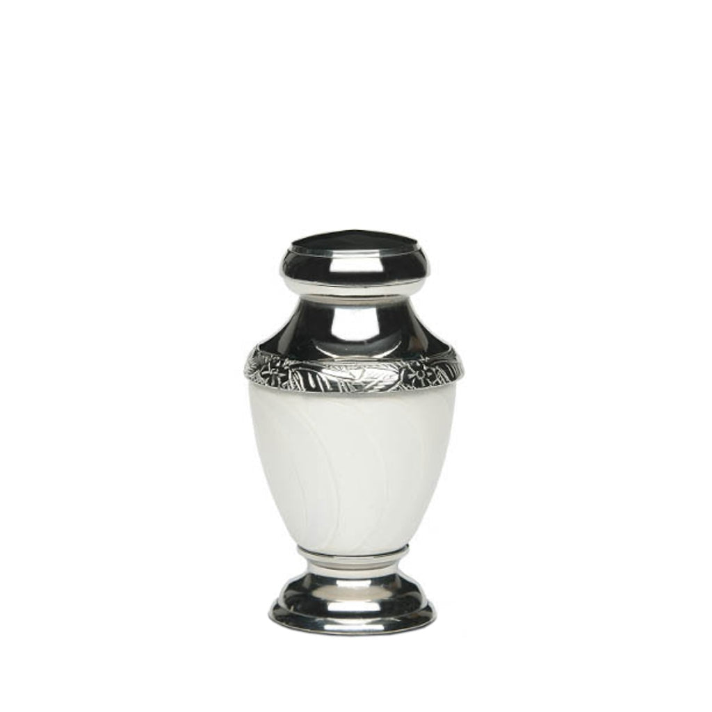 KEEPSAKE Brass-Alloy Urn -5600- Nickel Plated Brass & Enamel White