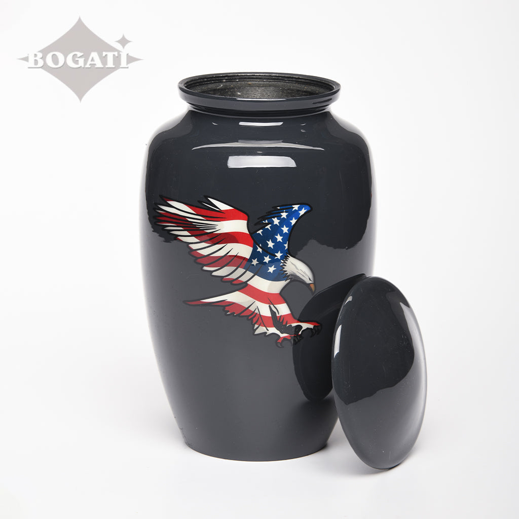 ADULT - Alloy Urn -4076- Eagle and American Flag - High Gloss Slate finish