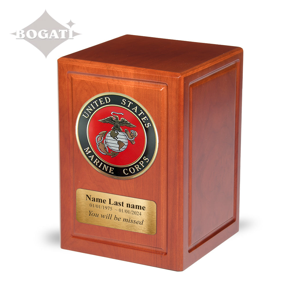 ADULT - Basswood Urn -AW04- Cherry with Military Emblem and Optional Plate Marine Corps
