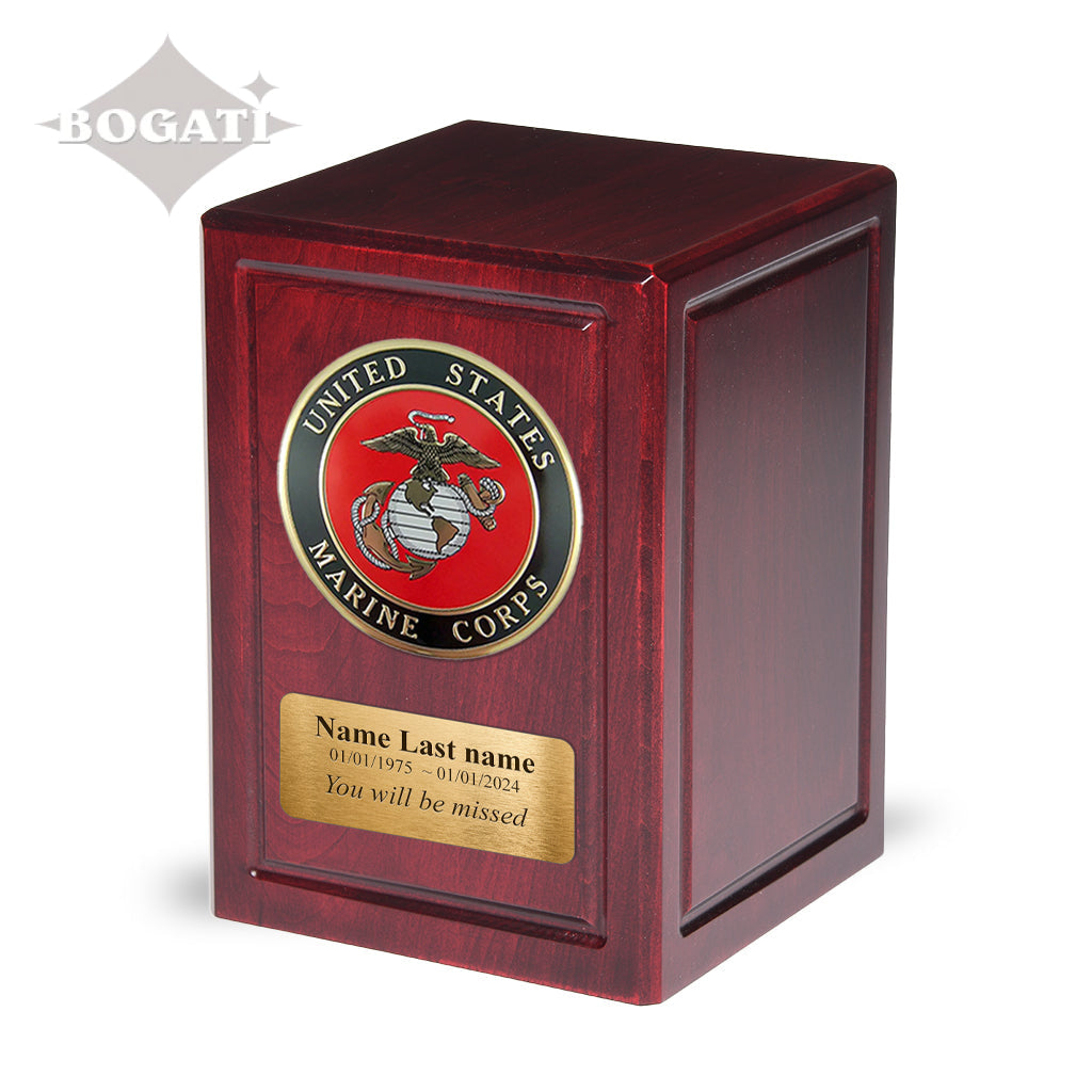 ADULT - Basswood Urn -AW04- Dark Cherry with Military Emblem and Optional Plate Marine Corps