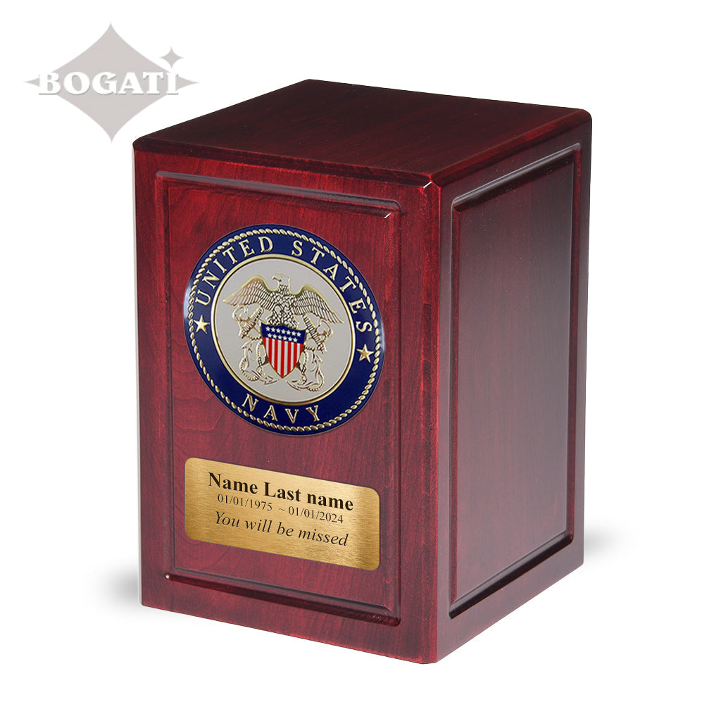 ADULT - Basswood Urn -AW04- Dark Cherry with Military Emblem and Optional Plate Navy