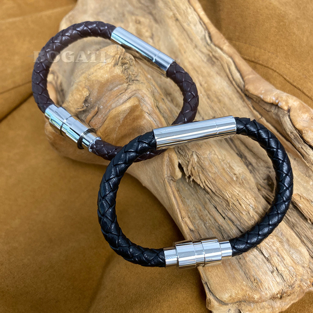 J-BRAC-06- Black Leather Braided Bracelet with Silver Clasp -7.25"