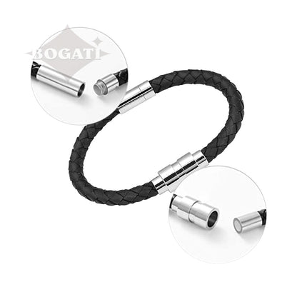 J-BRAC-06- Black Leather Braided Bracelet with Silver Clasp -7.25"