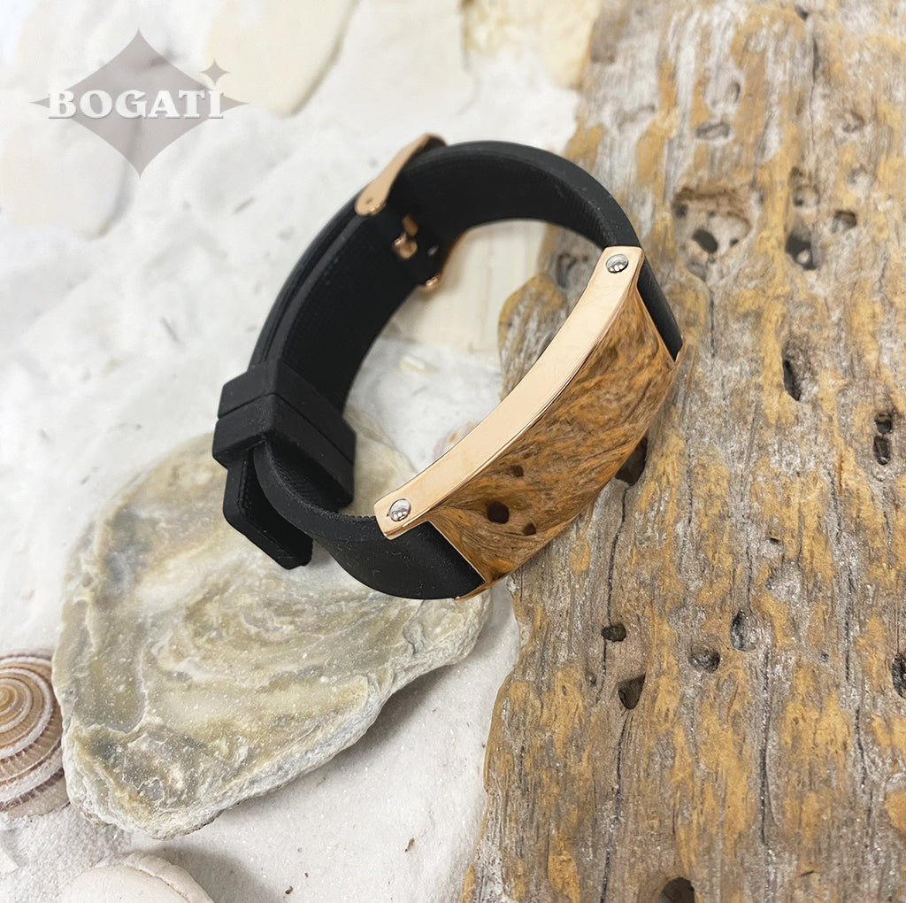 Black Silicone Strap Bracelet with Rose Gold-tone Plaque