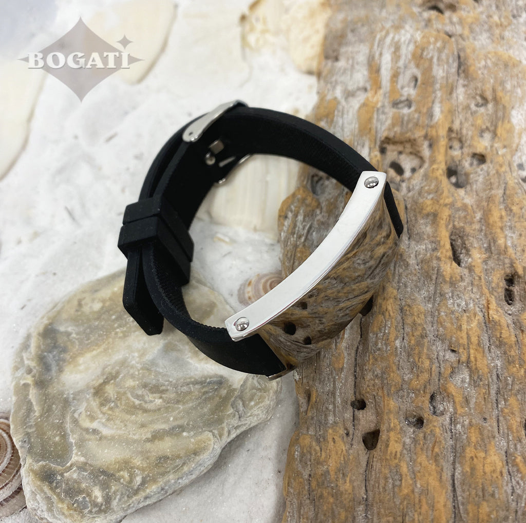 Black Silicone Strap Bracelet with Silver-tone Plaque