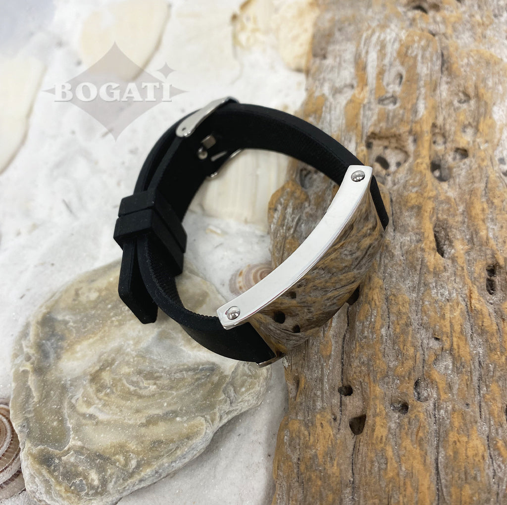 Black Silicone Strap Bracelet with Silver-tone Plaque