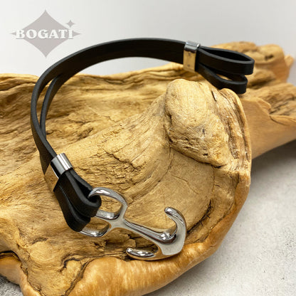 J-BRAC-14 Black Leather Bracelet with Silver Anchor
