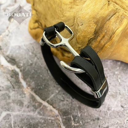 J-BRAC-14 Black Leather Bracelet with Silver Anchor