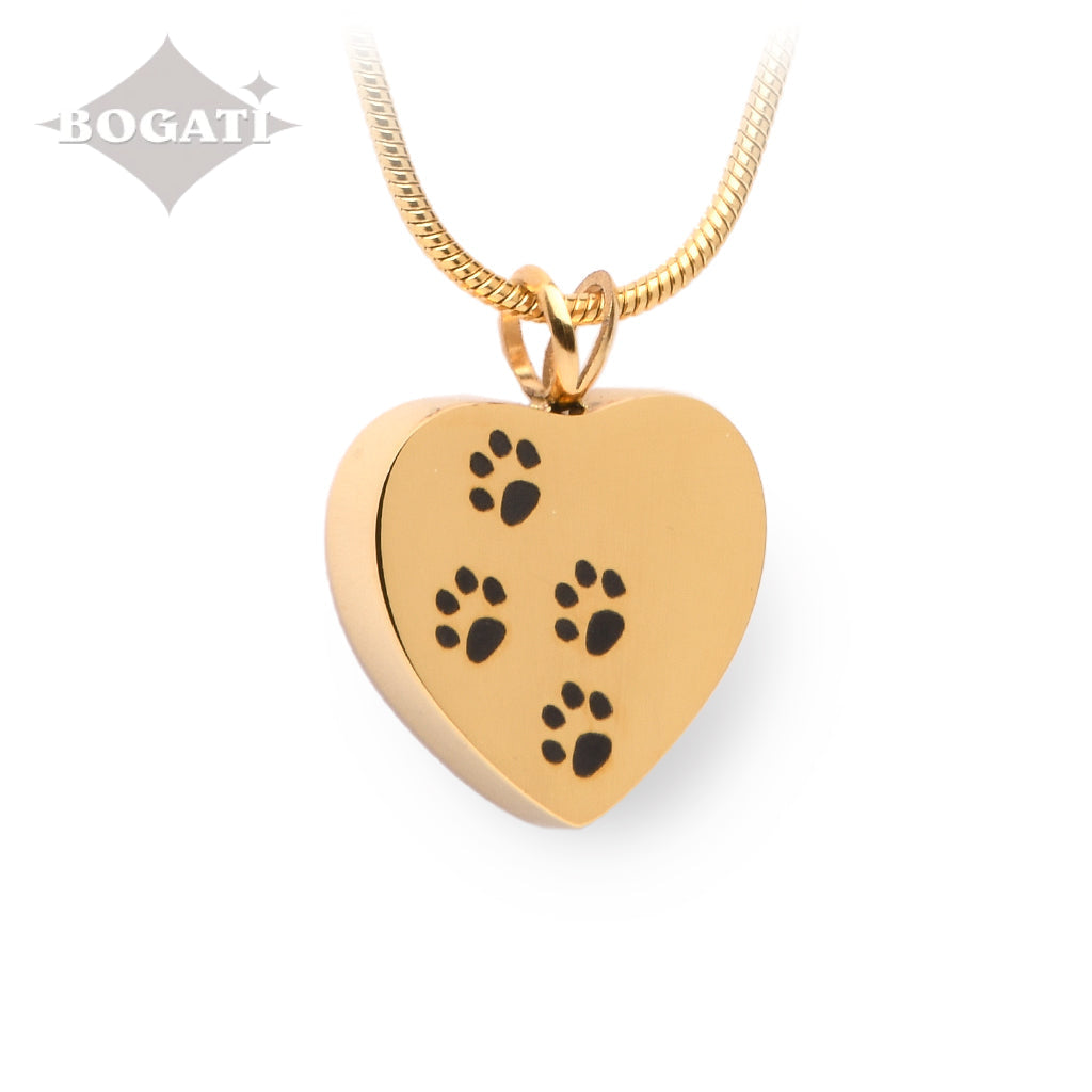 J-004 - Four Paw Print Heart Pendant With Chain Gold
