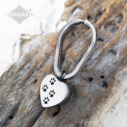 J 004 Four Paw Print Heart Silver tone Keychain