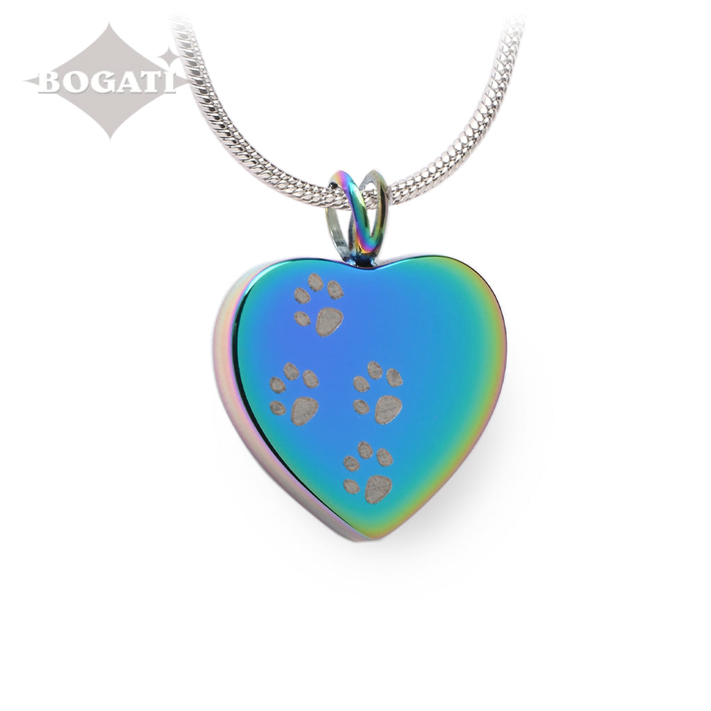J-004 - Four Paw Print Heart Pendant With Chain Rainbow