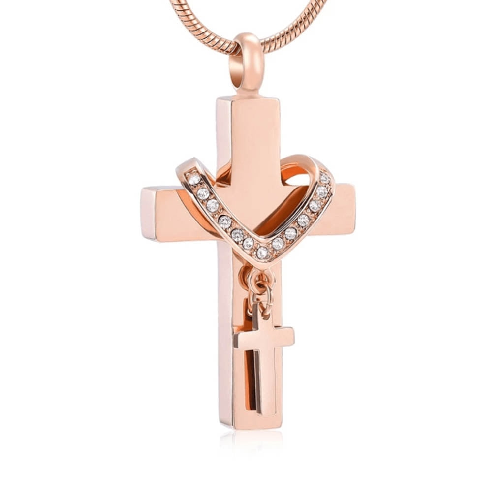 J-010 - Collar Cross with Rhinestones - Pendant with Chain - Rose Gold