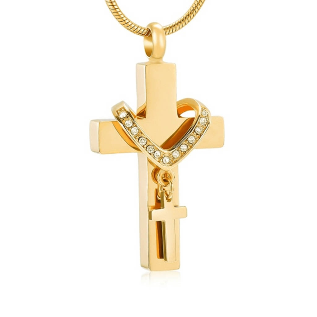 J-010 - Collar Cross with Rhinestones - Pendant with Chain - Gold