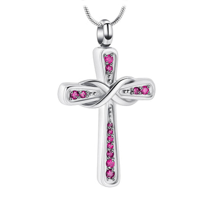 J-014 Infinity Cross with Rhinestones - Pendant with Chain Pink