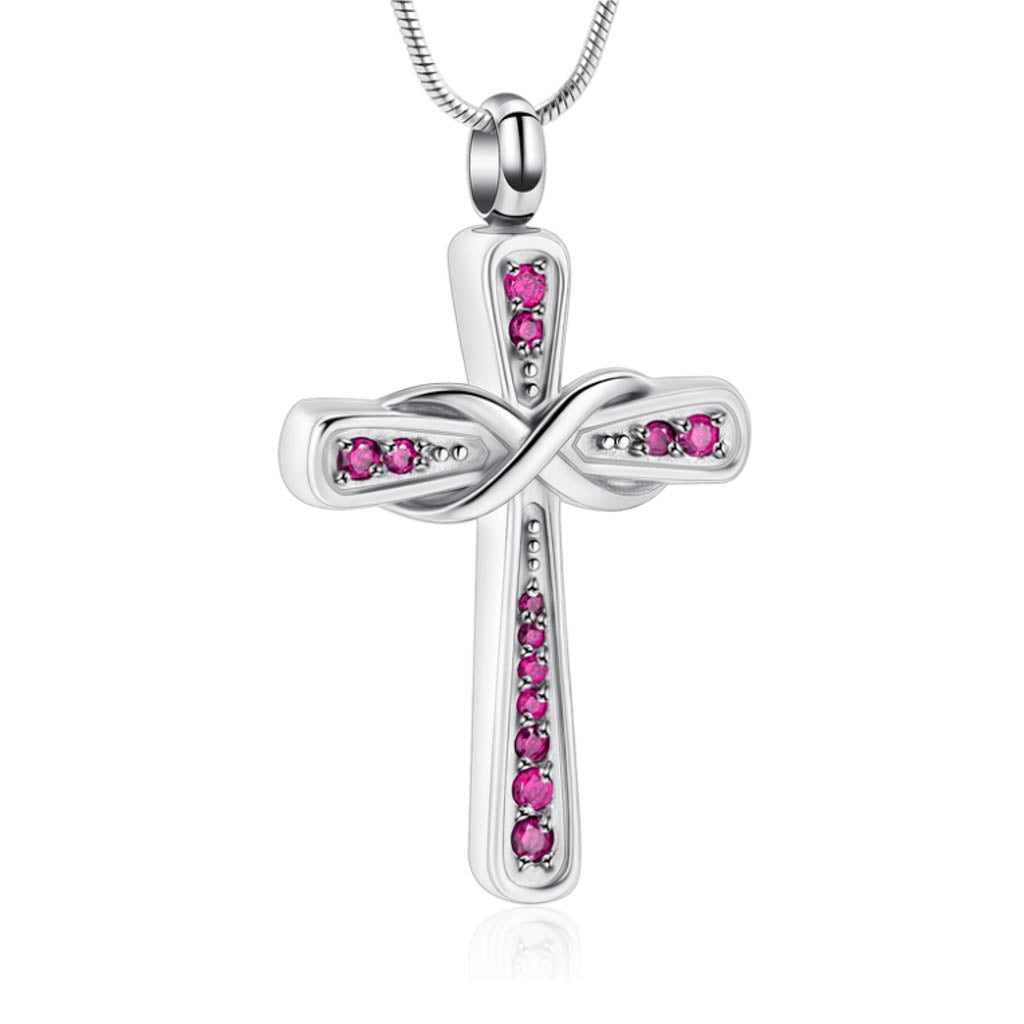 J-014 Infinity Cross with Pink Rhinestones - Pendant with Chain