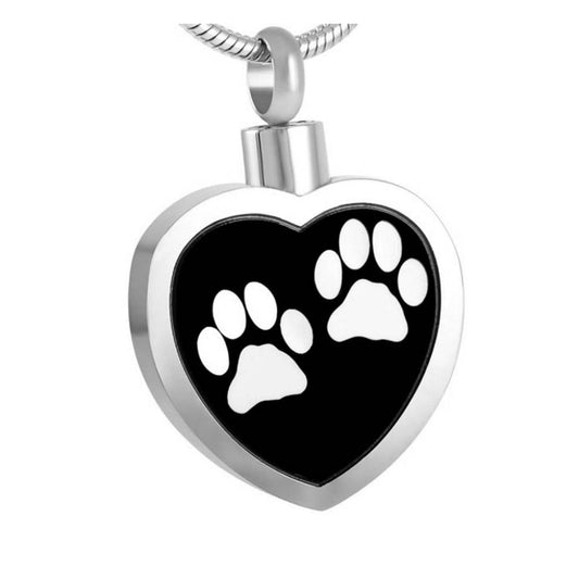 J-027 - Two White Paw Prints Heart - Black & Silver-tone - Pendant with Chain