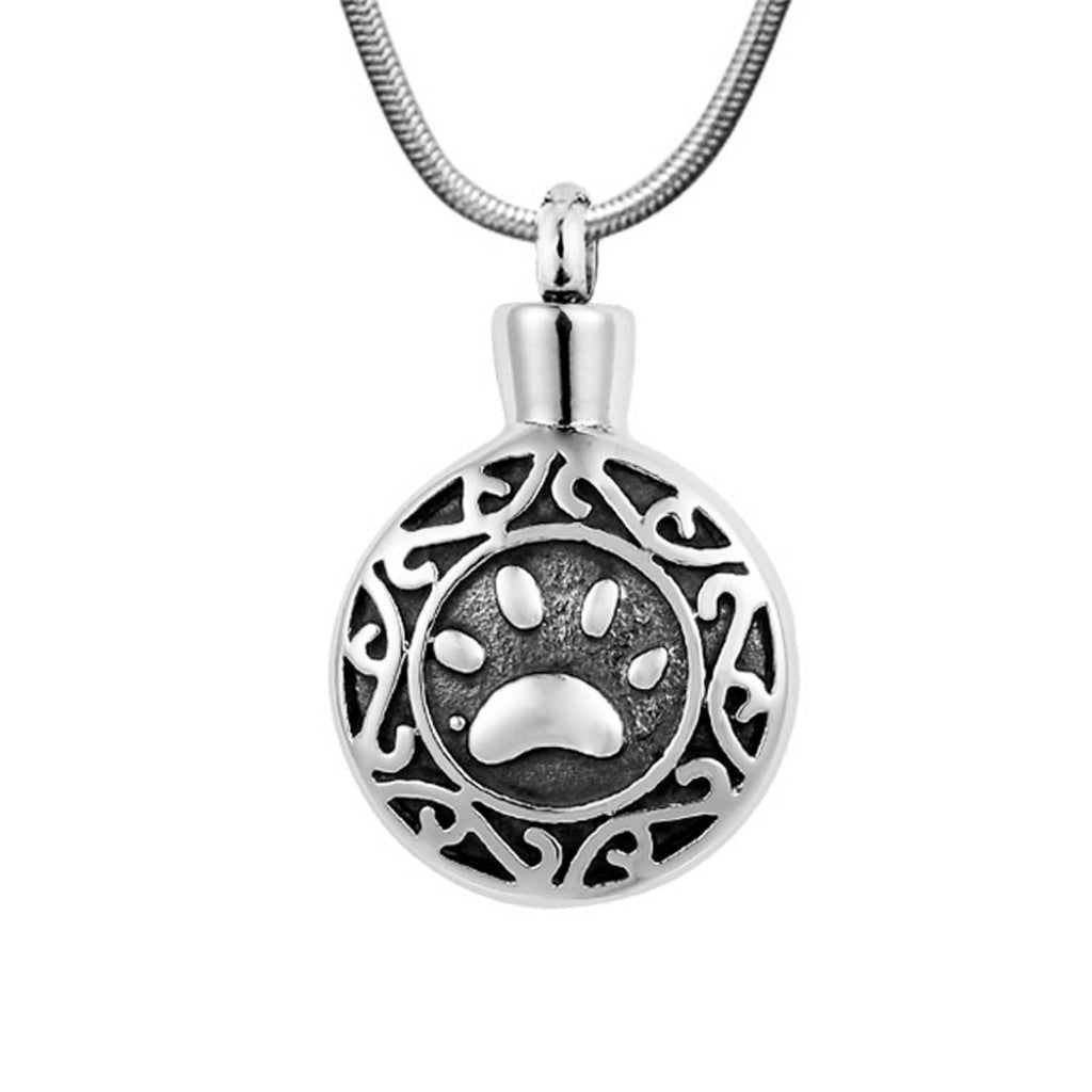 J-028 - Scroll Border Paw Print Circle - Silver & Black-tone - Pendant with Chain