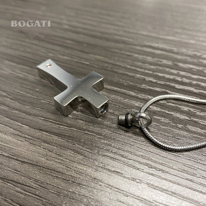 J-042 - Cross with Red Stone - Silver-tone - Pendant with Chain
