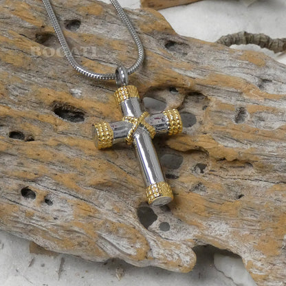 J-044 Silver Cross with Golden Rope