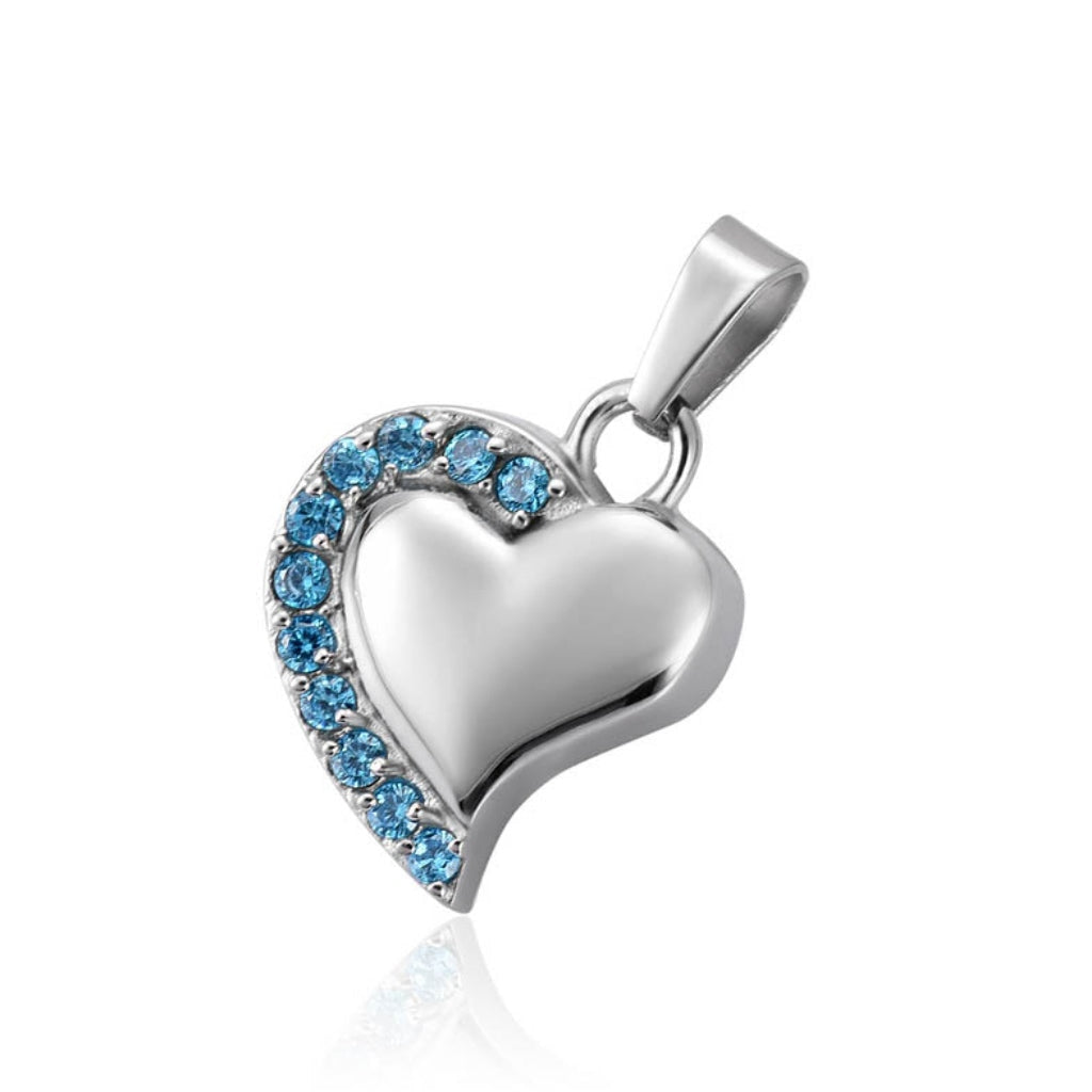 J-077 - Curved Silver Heart with Crystal Stones - Pendant with Chain - Blue