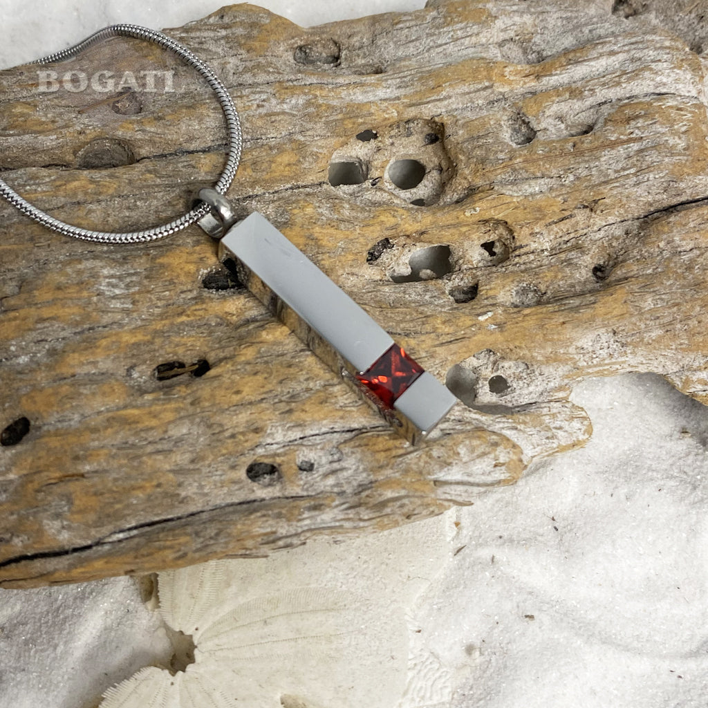 J-083 JANUARY Silver-tone Bar with simulated Garnet - Pendant with Chain