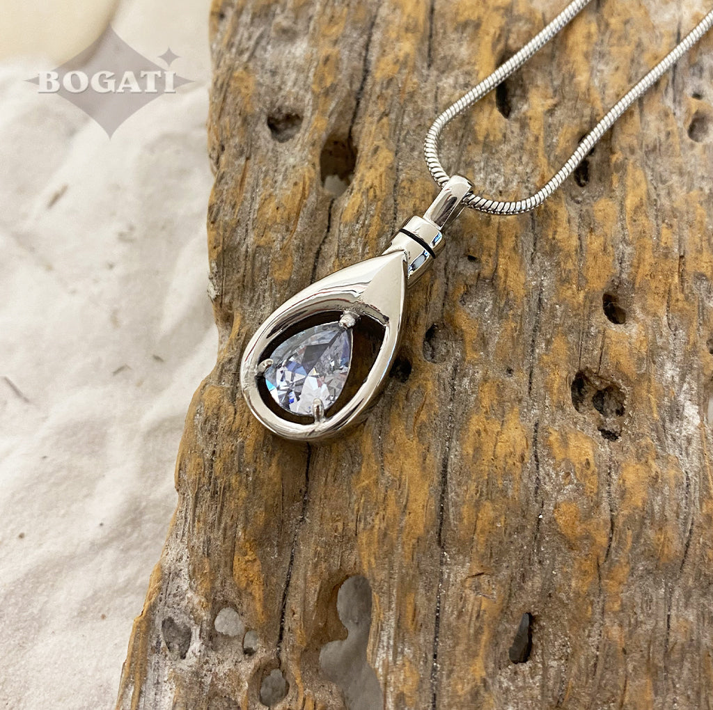 APRIL Silver-tone Teardrop with simulated Garnet - Memorial Pendant