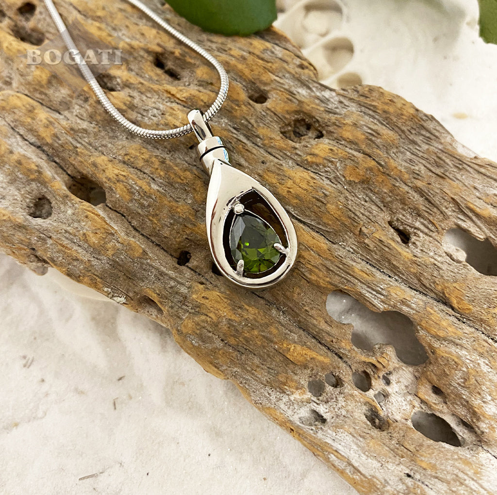 AUGUST Silver-tone Teardrop with simulated Garnet - Memorial Pendant