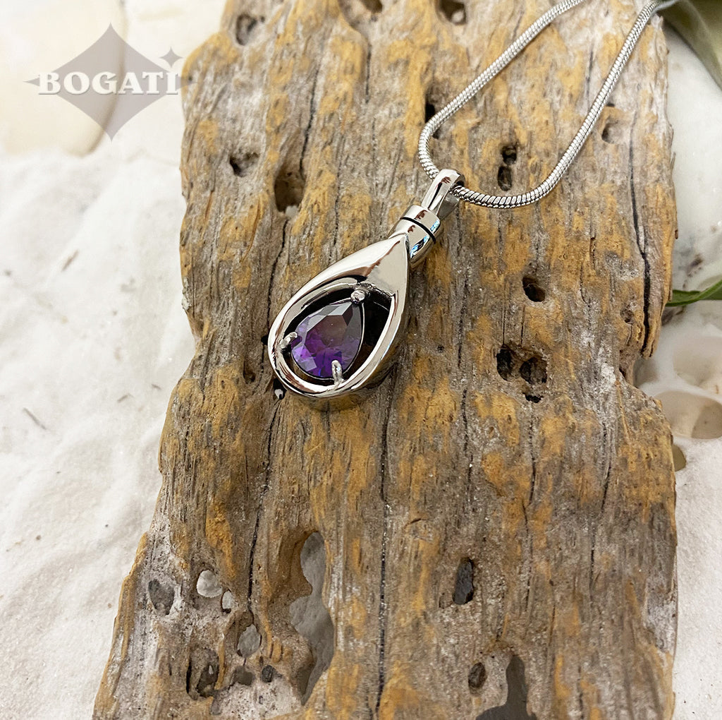 FEBRUARY Silver-tone Teardrop with simulated Garnet - Memorial Pendant