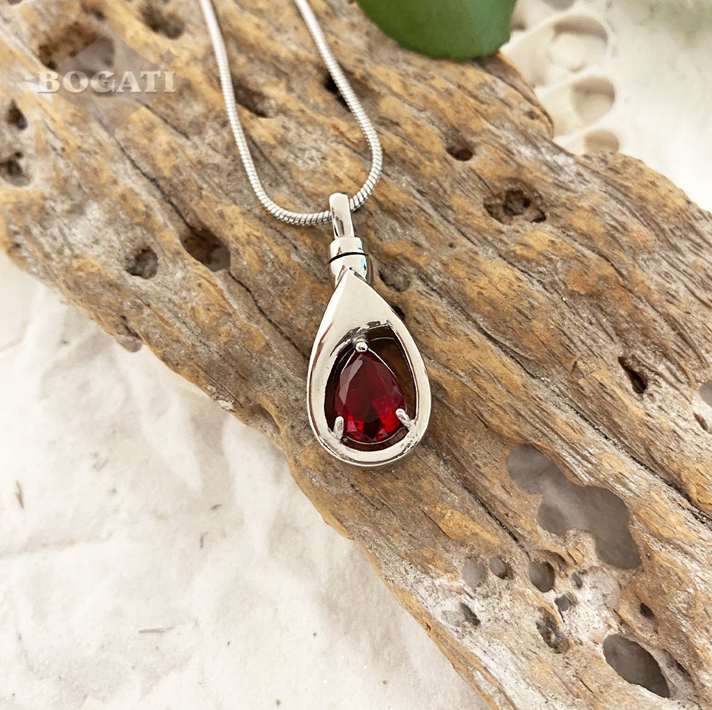 JANUARY Silver-tone Teardrop with simulated Garnet - Memorial Pendant