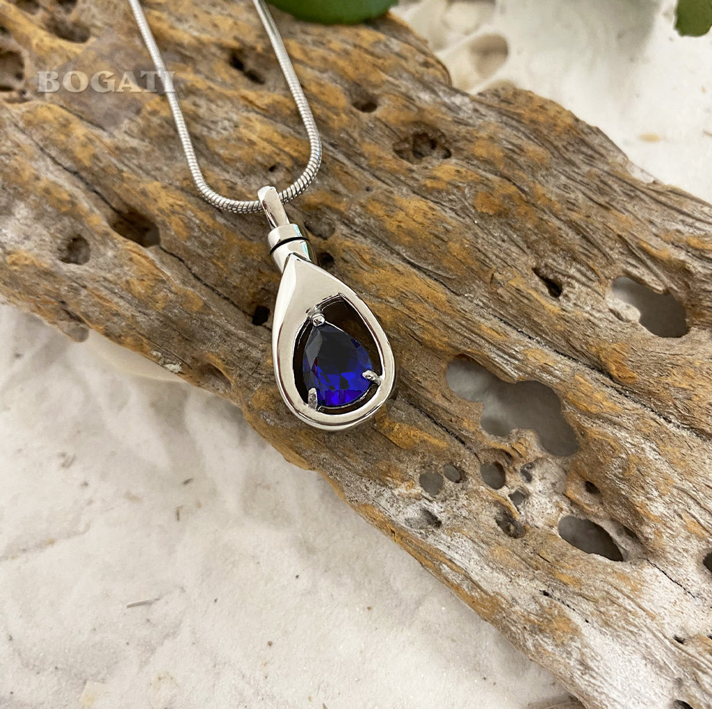 SEPTEMBER Silver-tone Teardrop with simulated Garnet - Memorial Pendant