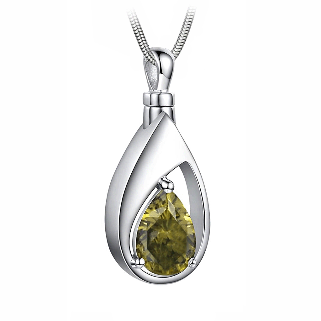 J-1300 Silver-tone Teardrop with Birthstone Simulated Gem- Pendant with Chain - August