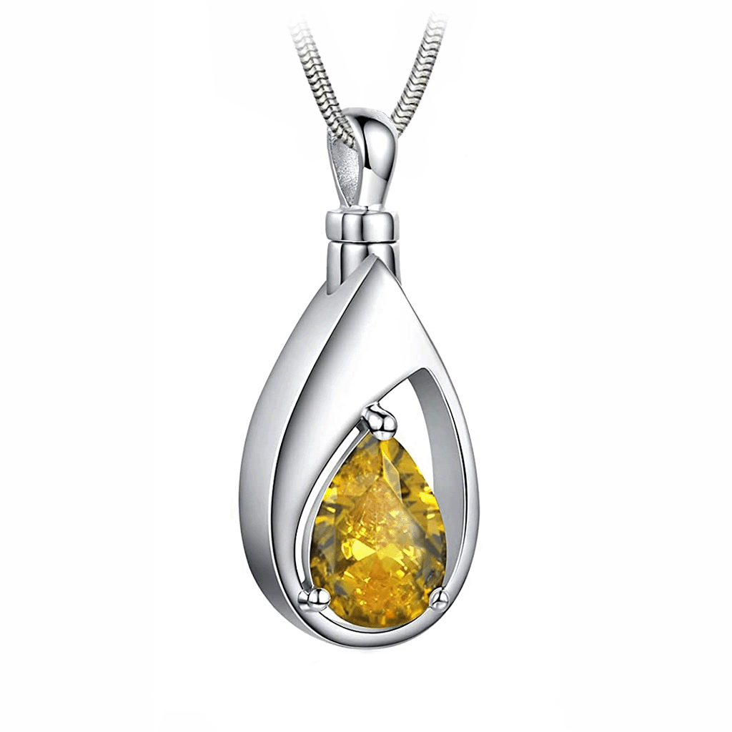 J-1300 Silver-tone Teardrop with Birthstone Simulated Gem- Pendant with Chain - November