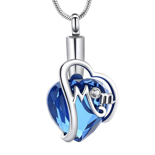 J- 1927 - Blue Crystal Heart-Mom - Silver-tone - Pendant with Chain