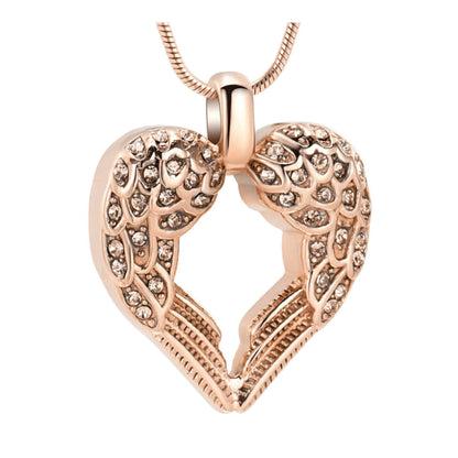 J-1950 - Winged Heart with Rhinestones - Pendant with Chain - Rose Gold-Clear