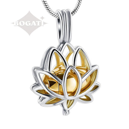 J-2000 - Lotus Flower Silver Locket - Gold-tone - Pendant with Chain