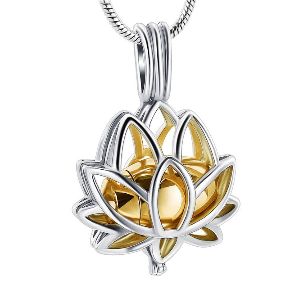 J-2000 - Lotus Flower Silver Locket - Gold-tone - Pendant with Chain