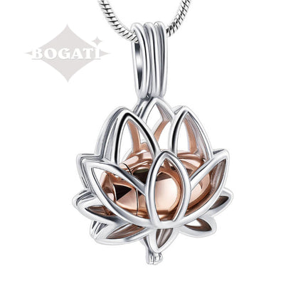 J-2000 - Lotus Flower Silver Locket - Rose gold-tone - Pendant with ChainLotus flower cremation locket - Rose Gold
